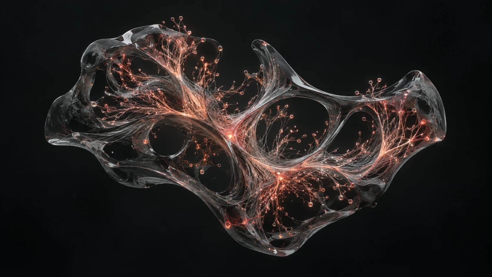 Fine illuminated connections in a dark sculptural form, an abstract illustration of intelligence.