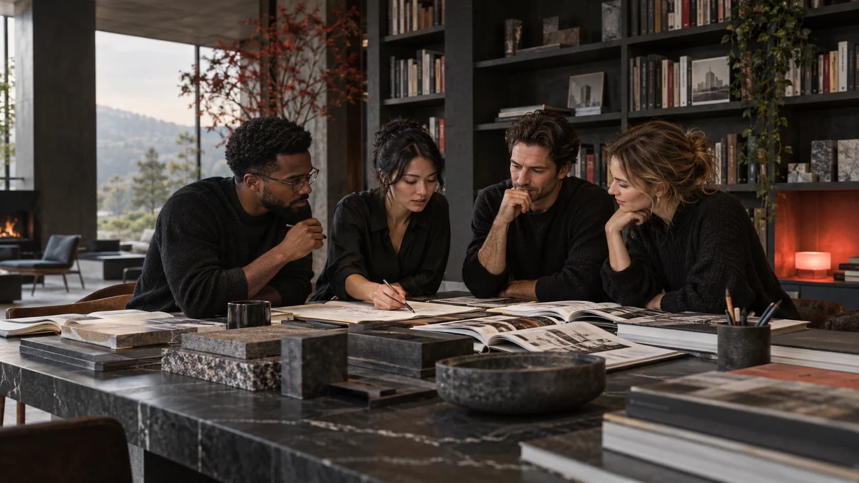 An illustrated group of learners sharing ideas around a table in a modern library.