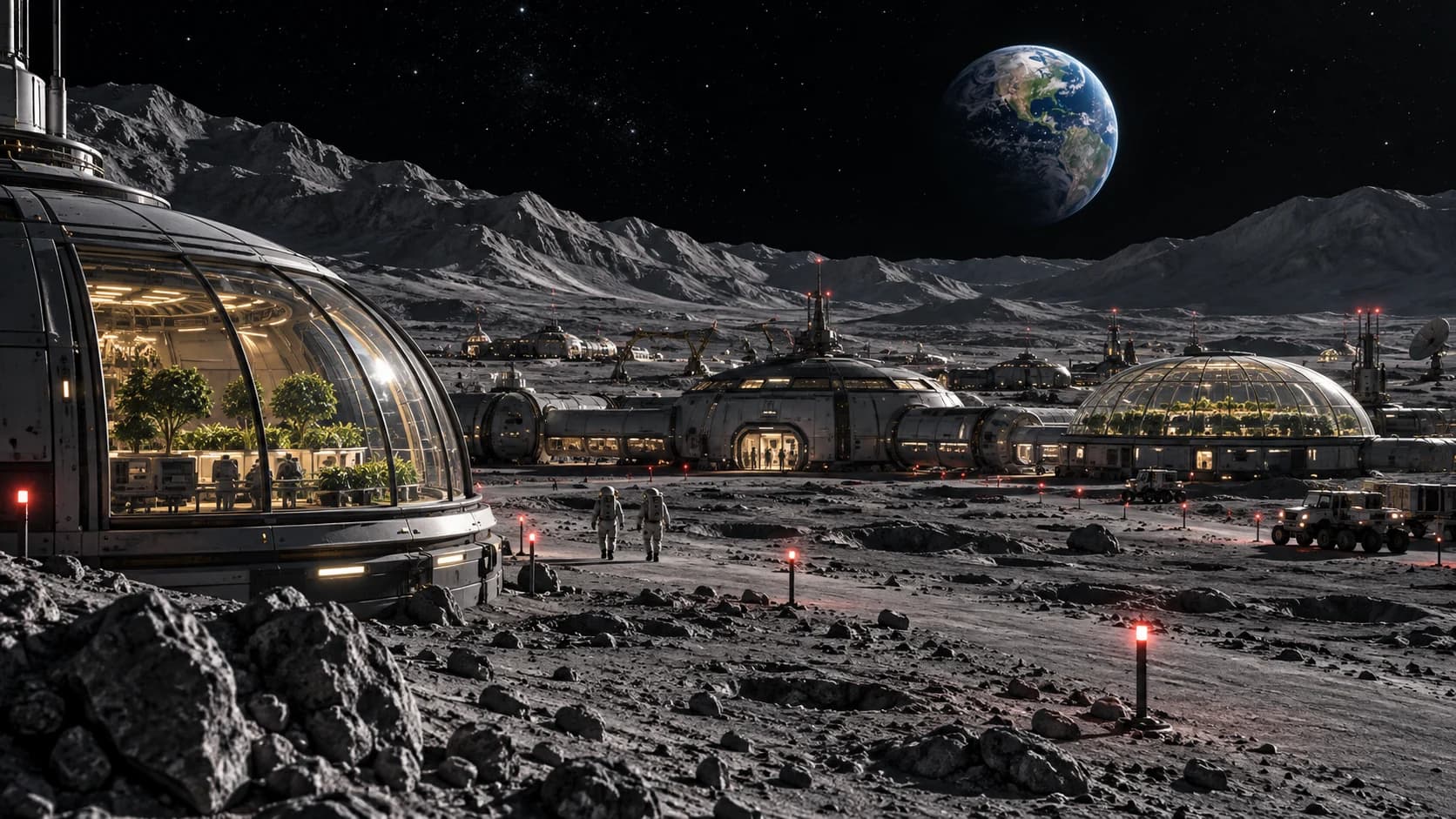 A speculative lunar settlement with interconnected habitats, greenhouses, and Earth above the horizon.